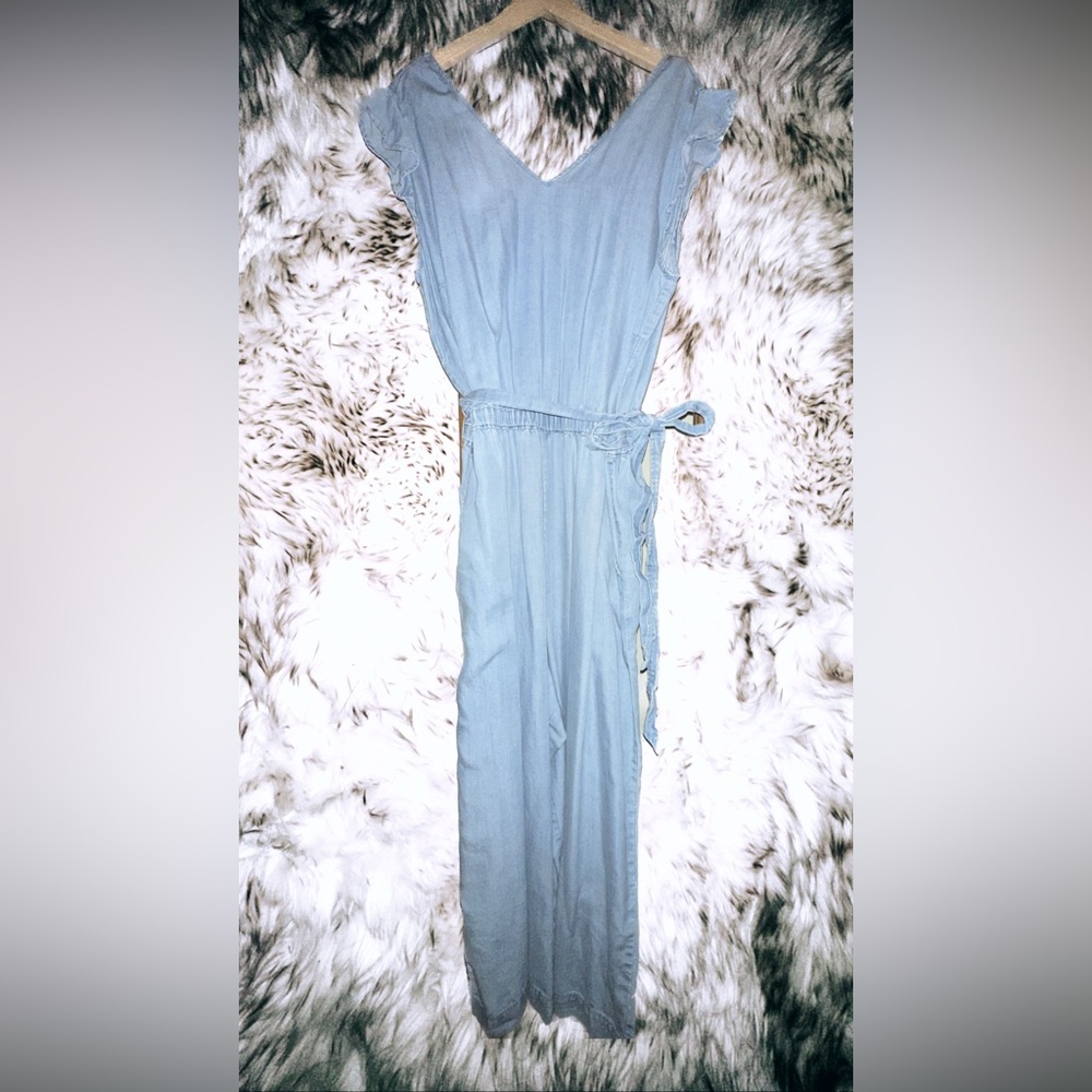LOFT Denim Jumpsuit with Ruffle Sleeves and Button up Back